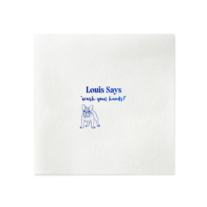 Keep things tidy with the Paws & Clean Custom Napkin, customized with your dog's name and the gentle reminder to 'wash your hands,' accompanied by an adorable dog graphic. Ideal for any dog lover's bathroom decor.