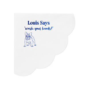 Keep things tidy with the Paws & Clean Custom Napkin, customized with your dog's name and the gentle reminder to 'wash your hands,' accompanied by an adorable dog graphic. Ideal for any dog lover's bathroom decor.