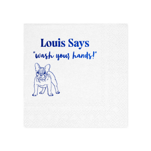 Keep things tidy with the Paws & Clean Custom Napkin, customized with your dog's name and the gentle reminder to 'wash your hands,' accompanied by an adorable dog graphic. Ideal for any dog lover's bathroom decor.