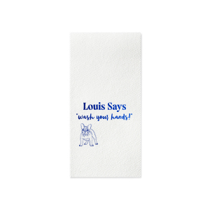 Keep things tidy with the Paws & Clean Custom Napkin, customized with your dog's name and the gentle reminder to 'wash your hands,' accompanied by an adorable dog graphic. Ideal for any dog lover's bathroom decor.
