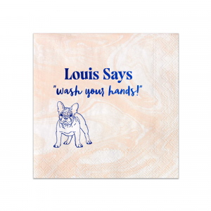 Keep things tidy with the Paws & Clean Custom Napkin, customized with your dog's name and the gentle reminder to 'wash your hands,' accompanied by an adorable dog graphic. Ideal for any dog lover's bathroom decor.