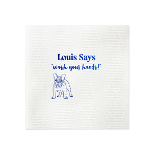 Keep things tidy with the Paws & Clean Custom Napkin, customized with your dog's name and the gentle reminder to 'wash your hands,' accompanied by an adorable dog graphic. Ideal for any dog lover's bathroom decor.