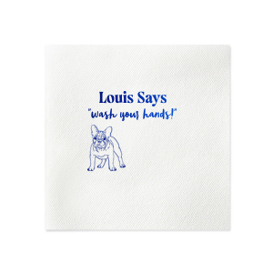 Keep things tidy with the Paws & Clean Custom Napkin, customized with your dog's name and the gentle reminder to 'wash your hands,' accompanied by an adorable dog graphic. Ideal for any dog lover's bathroom decor.