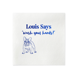 Keep things tidy with the Paws & Clean Custom Napkin, customized with your dog's name and the gentle reminder to 'wash your hands,' accompanied by an adorable dog graphic. Ideal for any dog lover's bathroom decor.