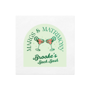 Toast to the bride-to-be with the Cheers to Margs and Matrimony Bachelorette Party Napkin, personalized with her name and adorned with vibrant, full-color margarita glasses clinking. The epitome of a bold and modern bachelorette party essential!