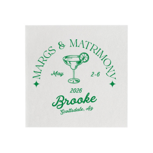 Set the scene for a bachelorette blast with the Margs and Matrimony Bachelorette Party Napkin, customized with the bride-to-be's name in elegant script, and detailed with the party's locale and date. The bold margarita illustration infuses a modern vibe into the festivities.