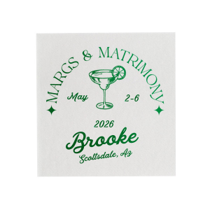 Set the scene for a bachelorette blast with the Margs and Matrimony Bachelorette Party Napkin, customized with the bride-to-be's name in elegant script, and detailed with the party's locale and date. The bold margarita illustration infuses a modern vibe into the festivities.