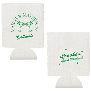 Keep your drinks as cool as your party with the Margs and Matrimony Bachelorette Party Cheers Can Cooler, personalized with the bride-to-be's name in stylish script and the party location. Featuring two cheering margarita glasses, this bold and modern design is a bachelorette party must-have.