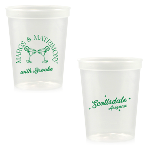 Celebrate the bride-to-be with the Margs and Matrimony Bachelorette Party Cup, customized with her name in a chic script and the event location. The hand-drawn clinking margarita glasses add a contemporary and festive touch to this bold party staple.