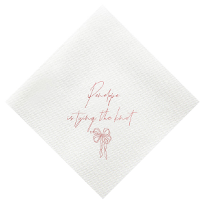 Add a touch of romance to your bachelorette party or bridal shower with the Bridal Bow Bliss Napkin, personalized with the bride-to-be's name in a graceful script and the sweet phrase "is tying the knot," complemented by a trendy bow graphic.