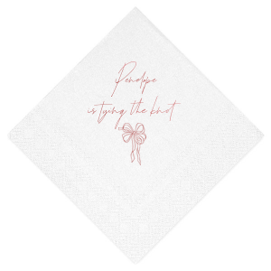 Add a touch of romance to your bachelorette party or bridal shower with the Bridal Bow Bliss Napkin, personalized with the bride-to-be's name in a graceful script and the sweet phrase "is tying the knot," complemented by a trendy bow graphic.