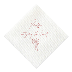 Add a touch of romance to your bachelorette party or bridal shower with the Bridal Bow Bliss Napkin, personalized with the bride-to-be's name in a graceful script and the sweet phrase "is tying the knot," complemented by a trendy bow graphic.