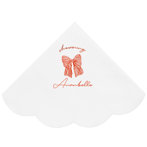 Celebrate the bride-to-be with the Showering Love Bow Napkin, delicately personalized with her name in a romantic script, alongside the word "showering" and a stylish bow graphic. An elegant choice for a chic and trendy bridal shower.