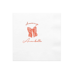 Celebrate the bride-to-be with the Showering Love Bow Napkin, delicately personalized with her name in a romantic script, alongside the word "showering" and a stylish bow graphic. An elegant choice for a chic and trendy bridal shower.