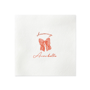 Celebrate the bride-to-be with the Showering Love Bow Napkin, delicately personalized with her name in a romantic script, alongside the word "showering" and a stylish bow graphic. An elegant choice for a chic and trendy bridal shower.