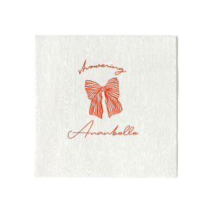 Celebrate the bride-to-be with the Showering Love Bow Napkin, delicately personalized with her name in a romantic script, alongside the word "showering" and a stylish bow graphic. An elegant choice for a chic and trendy bridal shower.