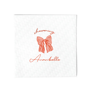 Celebrate the bride-to-be with the Showering Love Bow Napkin, delicately personalized with her name in a romantic script, alongside the word "showering" and a stylish bow graphic. An elegant choice for a chic and trendy bridal shower.