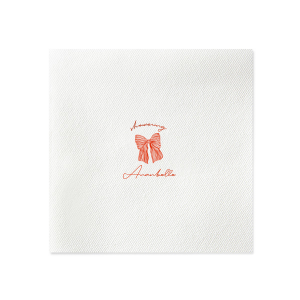 Celebrate the bride-to-be with the Showering Love Bow Napkin, delicately personalized with her name in a romantic script, alongside the word "showering" and a stylish bow graphic. An elegant choice for a chic and trendy bridal shower.
