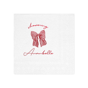 Celebrate the bride-to-be with the Showering Love Bow Napkin, delicately personalized with her name in a romantic script, alongside the word "showering" and a stylish bow graphic. An elegant choice for a chic and trendy bridal shower.