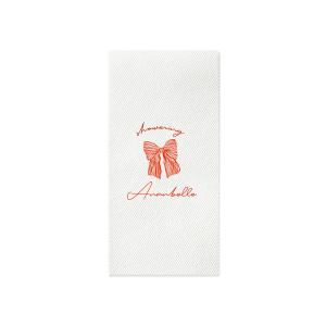 Celebrate the bride-to-be with the Showering Love Bow Napkin, delicately personalized with her name in a romantic script, alongside the word "showering" and a stylish bow graphic. An elegant choice for a chic and trendy bridal shower.