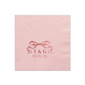 Tie together the elegance of your wedding with the Nuptial Bow Initials Napkin, featuring the couple's initials and event date in a refined serif script. Adorned with a romantic bow graphic, it's a trendy and sophisticated touch for your special day.