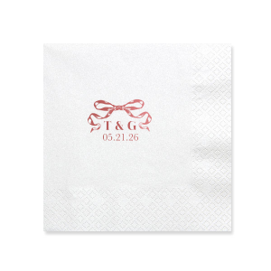 Tie together the elegance of your wedding with the Nuptial Bow Initials Napkin, featuring the couple's initials and event date in a refined serif script. Adorned with a romantic bow graphic, it's a trendy and sophisticated touch for your special day.
