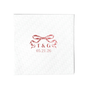 Tie together the elegance of your wedding with the Nuptial Bow Initials Napkin, featuring the couple's initials and event date in a refined serif script. Adorned with a romantic bow graphic, it's a trendy and sophisticated touch for your special day.