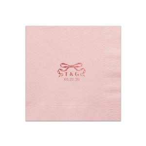 Tie together the elegance of your wedding with the Nuptial Bow Initials Napkin, featuring the couple's initials and event date in a refined serif script. Adorned with a romantic bow graphic, it's a trendy and sophisticated touch for your special day.