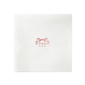 Tie together the elegance of your wedding with the Nuptial Bow Initials Napkin, featuring the couple's initials and event date in a refined serif script. Adorned with a romantic bow graphic, it's a trendy and sophisticated touch for your special day.