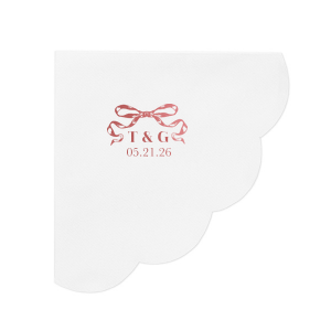 Tie together the elegance of your wedding with the Nuptial Bow Initials Napkin, featuring the couple's initials and event date in a refined serif script. Adorned with a romantic bow graphic, it's a trendy and sophisticated touch for your special day.