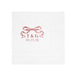 Tie together the elegance of your wedding with the Nuptial Bow Initials Napkin, featuring the couple's initials and event date in a refined serif script. Adorned with a romantic bow graphic, it's a trendy and sophisticated touch for your special day.