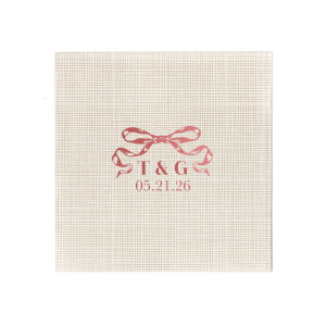 Tie together the elegance of your wedding with the Nuptial Bow Initials Napkin, featuring the couple's initials and event date in a refined serif script. Adorned with a romantic bow graphic, it's a trendy and sophisticated touch for your special day.