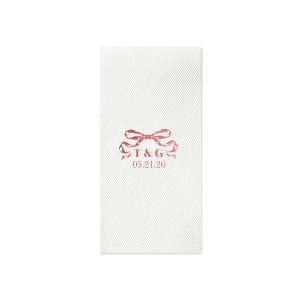 Tie together the elegance of your wedding with the Nuptial Bow Initials Napkin, featuring the couple's initials and event date in a refined serif script. Adorned with a romantic bow graphic, it's a trendy and sophisticated touch for your special day.