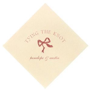 Seal your union with the Knotting Hearts Wedding Napkin, customized with the couple's names in an elegant script, beneath the phrase "tying the knot," and accented by a chic bow graphic. A romantic and fashionable detail for your nuptial celebration.