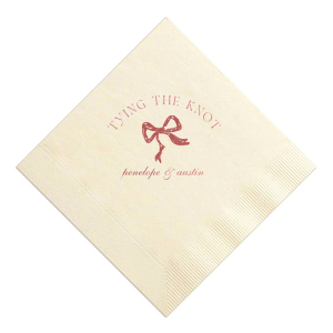 Seal your union with the Knotting Hearts Wedding Napkin, customized with the couple's names in an elegant script, beneath the phrase "tying the knot," and accented by a chic bow graphic. A romantic and fashionable detail for your nuptial celebration.