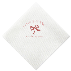 Seal your union with the Knotting Hearts Wedding Napkin, customized with the couple's names in an elegant script, beneath the phrase "tying the knot," and accented by a chic bow graphic. A romantic and fashionable detail for your nuptial celebration.