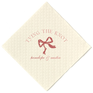 Seal your union with the Knotting Hearts Wedding Napkin, customized with the couple's names in an elegant script, beneath the phrase "tying the knot," and accented by a chic bow graphic. A romantic and fashionable detail for your nuptial celebration.