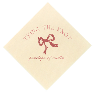 Seal your union with the Knotting Hearts Wedding Napkin, customized with the couple's names in an elegant script, beneath the phrase "tying the knot," and accented by a chic bow graphic. A romantic and fashionable detail for your nuptial celebration.