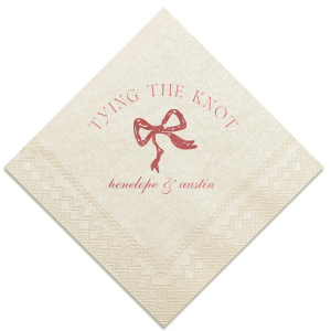 Seal your union with the Knotting Hearts Wedding Napkin, customized with the couple's names in an elegant script, beneath the phrase "tying the knot," and accented by a chic bow graphic. A romantic and fashionable detail for your nuptial celebration.