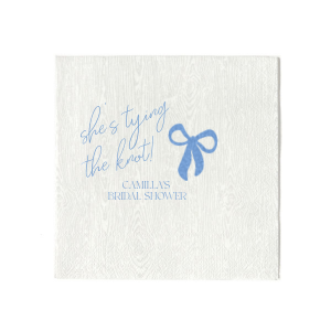 Celebrate the bride-to-be with the Modern Bow Bridal Bliss Napkin, elegantly displaying "She's tying the knot" in a lovely script above her name, all accentuated by a chic bow design. An exquisite choice for adding a personalized touch to any bridal shower.