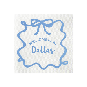 Welcome the newest addition with the Ribbon Frame Welcome Baby Napkin, customizable with the baby's name, and adorned with the affectionate phrase "welcome baby," set within a ribbon-crafted frame and topped with a charming bow graphic. Perfect for stylish and tender baby shower celebrations.