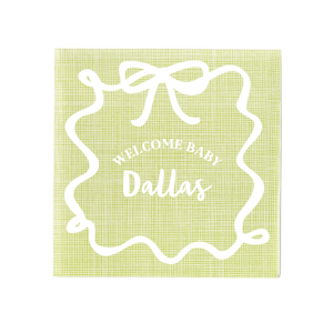 Welcome the newest addition with the Ribbon Frame Welcome Baby Napkin, customizable with the baby's name, and adorned with the affectionate phrase "welcome baby," set within a ribbon-crafted frame and topped with a charming bow graphic. Perfect for stylish and tender baby shower celebrations.