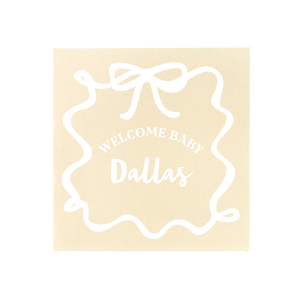 Welcome the newest addition with the Ribbon Frame Welcome Baby Napkin, customizable with the baby's name, and adorned with the affectionate phrase "welcome baby," set within a ribbon-crafted frame and topped with a charming bow graphic. Perfect for stylish and tender baby shower celebrations.