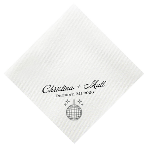 Dance the night away with the Disco Sparkle Wedding Napkin, personalized with the couple's names, year, and wedding location, all set against a backdrop of a dazzling disco ball and sparkles. An unforgettable accent for your celebratory soiree.