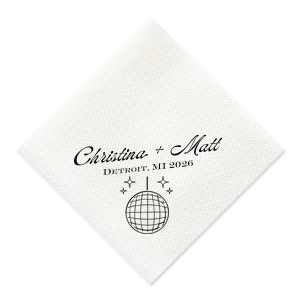 Dance the night away with the Disco Sparkle Wedding Napkin, personalized with the couple's names, year, and wedding location, all set against a backdrop of a dazzling disco ball and sparkles. An unforgettable accent for your celebratory soiree.