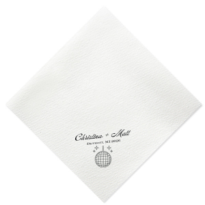 Dance the night away with the Disco Sparkle Wedding Napkin, personalized with the couple's names, year, and wedding location, all set against a backdrop of a dazzling disco ball and sparkles. An unforgettable accent for your celebratory soiree.