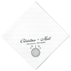 Dance the night away with the Disco Sparkle Wedding Napkin, personalized with the couple's names, year, and wedding location, all set against a backdrop of a dazzling disco ball and sparkles. An unforgettable accent for your celebratory soiree.