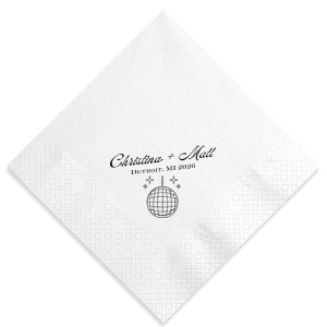 Dance the night away with the Disco Sparkle Wedding Napkin, personalized with the couple's names, year, and wedding location, all set against a backdrop of a dazzling disco ball and sparkles. An unforgettable accent for your celebratory soiree.