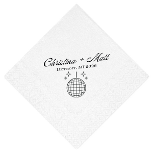 Dance the night away with the Disco Sparkle Wedding Napkin, personalized with the couple's names, year, and wedding location, all set against a backdrop of a dazzling disco ball and sparkles. An unforgettable accent for your celebratory soiree.