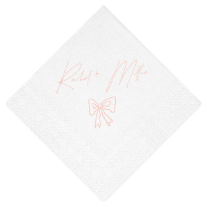 Infuse your wedding with a touch of rustic charm with the Rustic Bow Matrimony Napkin, customizable with the couple's names. The hand-drawn bow graphic adds a quaint and heartfelt detail to your nuptial celebrations.